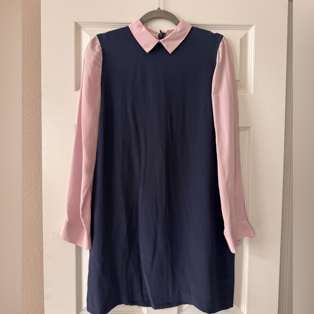 Club Monaco navy and pink long-sleeve shift dress, 100% silk. Size 8